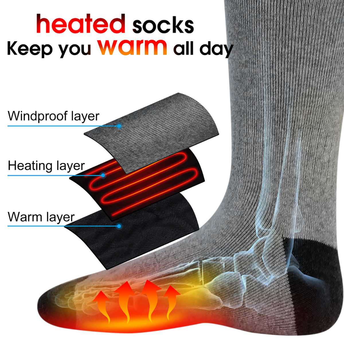 UE Plugue Elétrico Recarregável Aquecidos Meia de Algodão Ciclismo Ski Warmer Pés Adulto Manter Quente Respirar Poliéster 3 Temperatura
