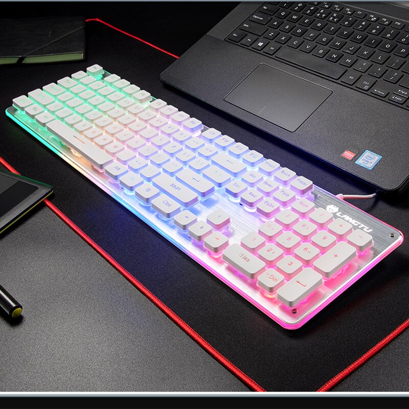 Gaming Keyboard Colorful LED Quiet Keyboard All-Metal Panel USB Wired Anti-ghosting Computer 104 Keys: White-Rainbow