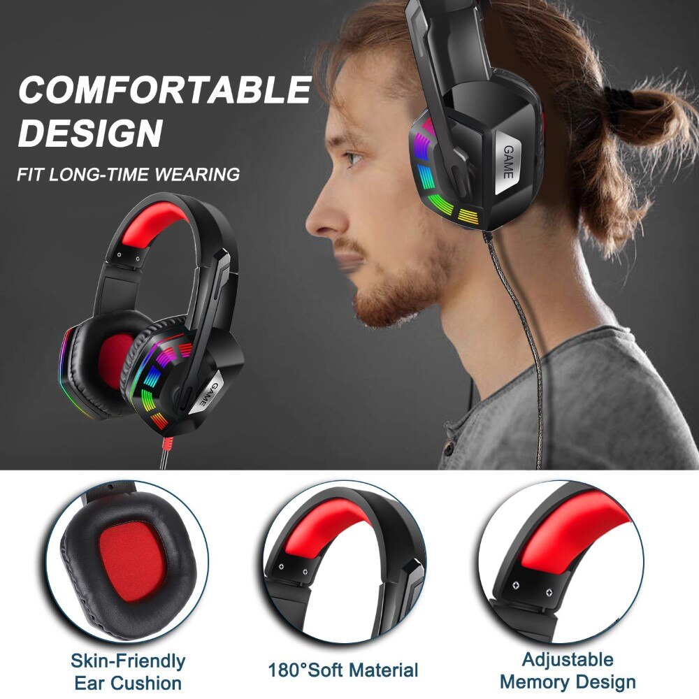 M1 Headphone Stereo 3.5mm Wired Computer Gaming Headset Soft Earmuff RGB LED Light Mic Ear Headphones for Laptop Desktop