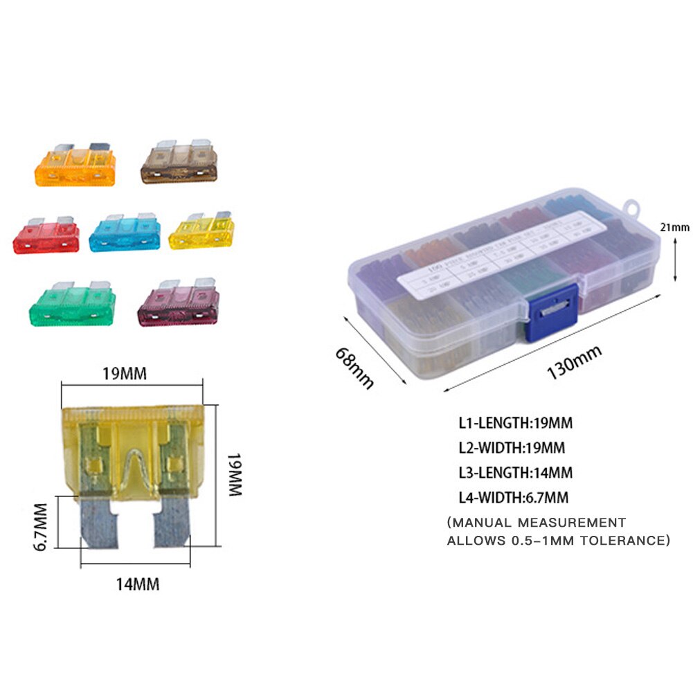 100 Uds surtido de fusibles de coche 3A 5A 7.5A 10A 15A 20A 25A 30A 35A 40A Amp con Clip de caja surtido de fusibles tipo cuchilla automática