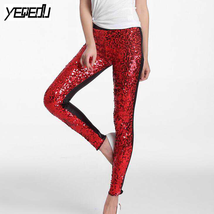 #0503 vår sommar punk pu paljetter leggings paljett byxor elastisk hög midja sexig klubb konstläder glänsande silver/guld/röd