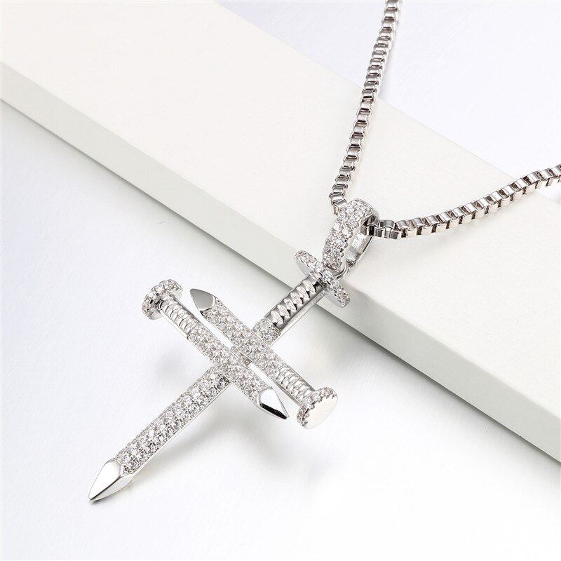 Nail Cross Jesus Necklace Christ Pendants Bling Bling CZ Jewelry For Women Hip Hop Charms Men: silver color