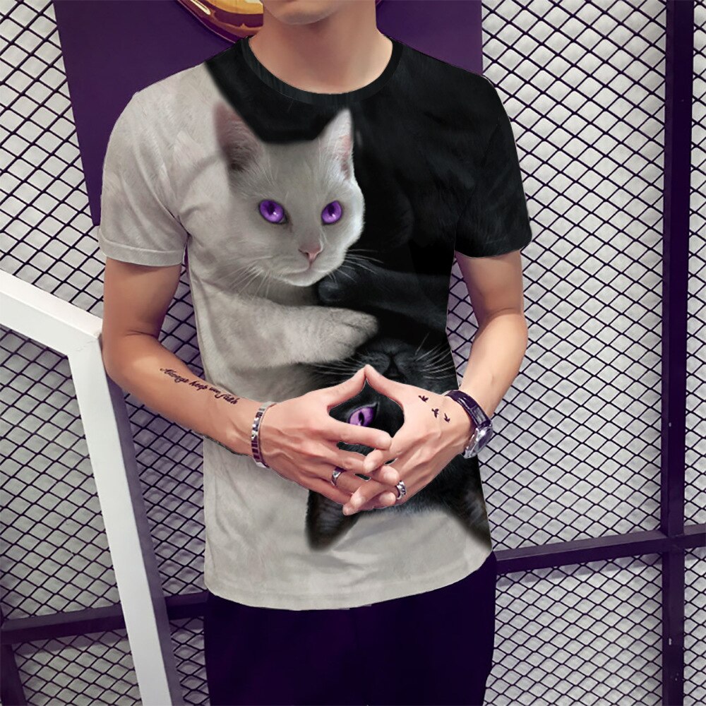 Casual 3D couple black and white cat top digital printing round neck short sleeve t-shirt