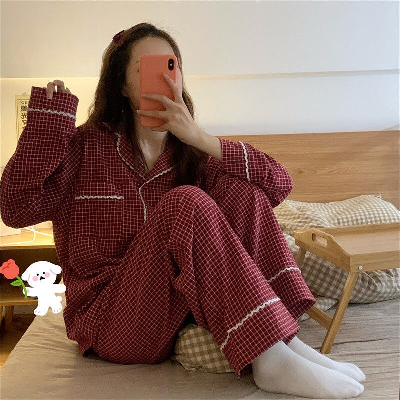 Japanilainen pyjama naisten pitkähihaiset syksyn talvi yöpuvut punaiset ruudulliset pyjamat tyttöjen kotivaatteet naisten kotivaatteisiin