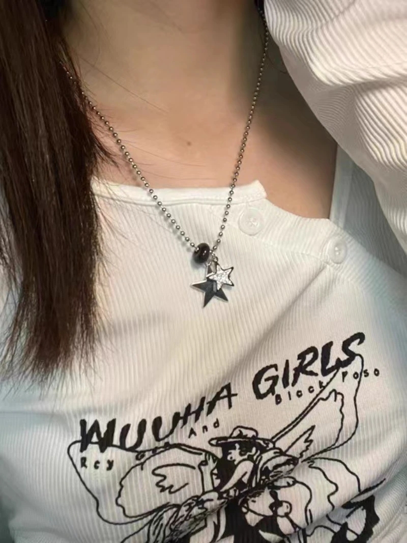 Kpop Goth – collier chaîne avec pendentif étoile couleur argent pour femmes et hommes, Egirl Y2K Cool EMO Punk, bijoux esthétiques Grunge,: Rhodium plaqué
