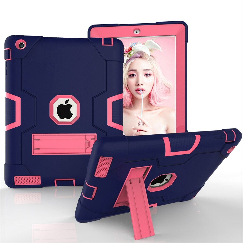 For Apple iPad 2 3 4 A1458 A1459 A1460 A1416 A1397 Case Shockproof Kids Safe PC Silicon Hybrid Stand Full Body Tablet Cover: Navy Blue - Rose Red