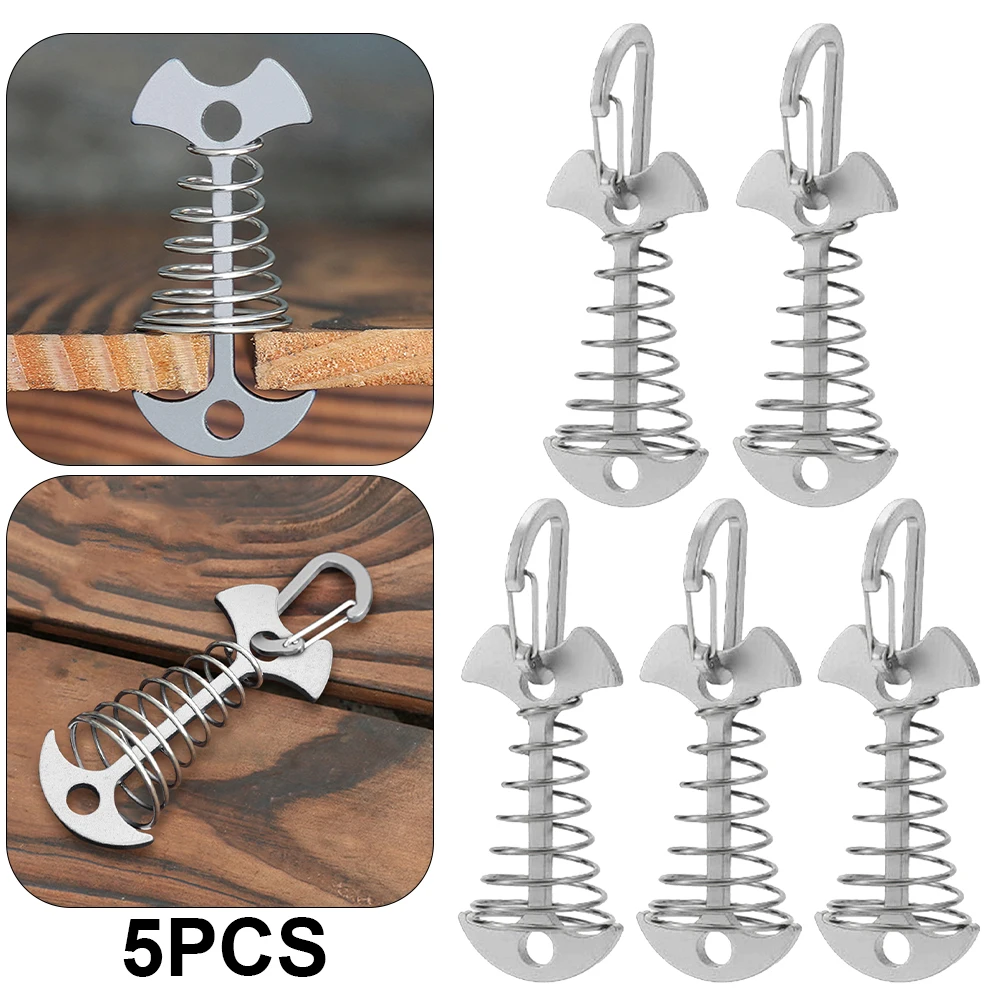 3/5/10PCS Spring Fishbone Deck Pegs Tent Stakes Awning Anchor Wind Rope Buckle with Carabiner Deck Fixed Nails Camping Tent Hook: Pink