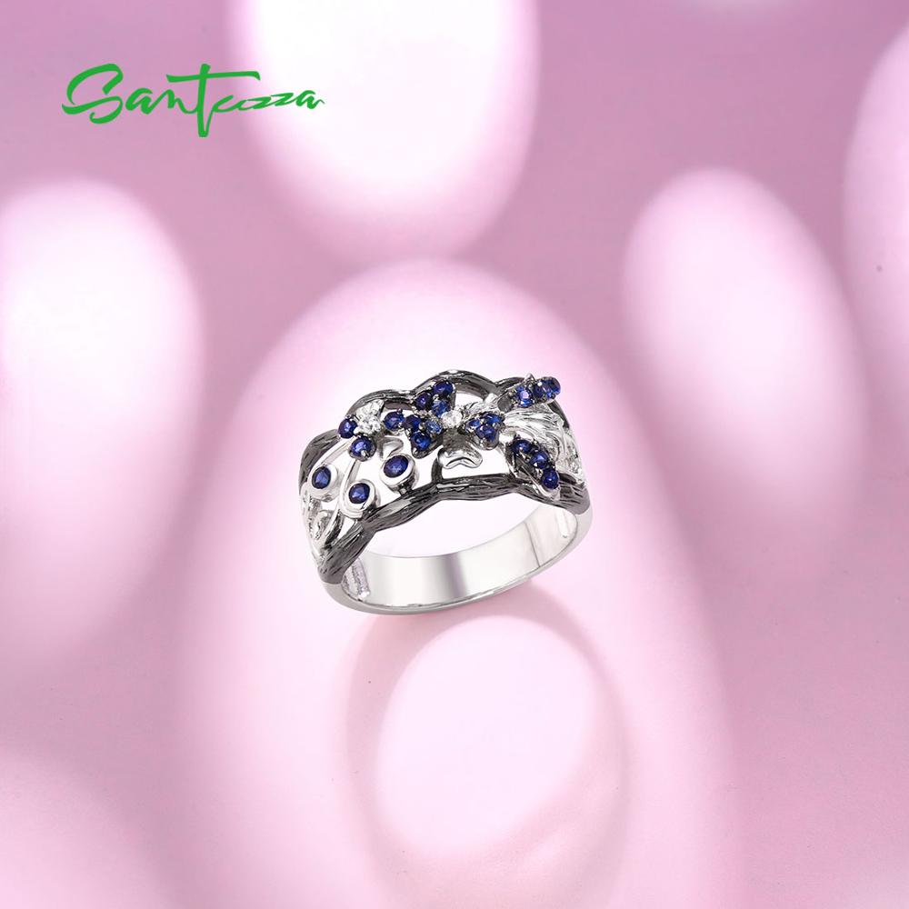 SANTUZZA Silver Rings For Woman Sparkling Blue and White Cubic Zirconia Genuine 100% 925 Sterling Silver Ring Fine Jewelry