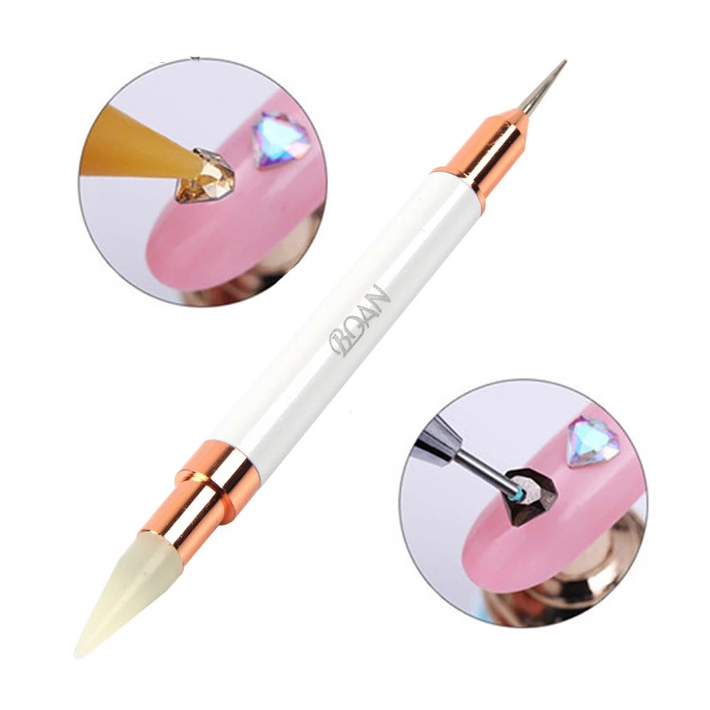 BQAN-Bolígrafo de cera para punteo de Metal acrílico, dos cabezales, para recoger diamantes de imitación, lápiz para cera de uñas, herramienta artística para manicura: white