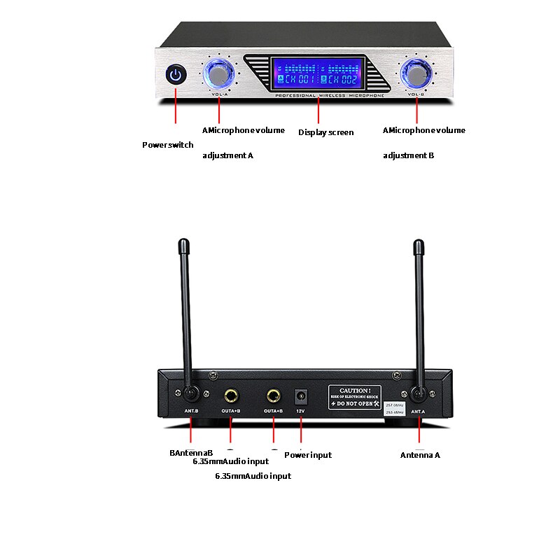 Handheld Wireless Microphone System with Dual Handheld Dynamic Microphones EU Plug