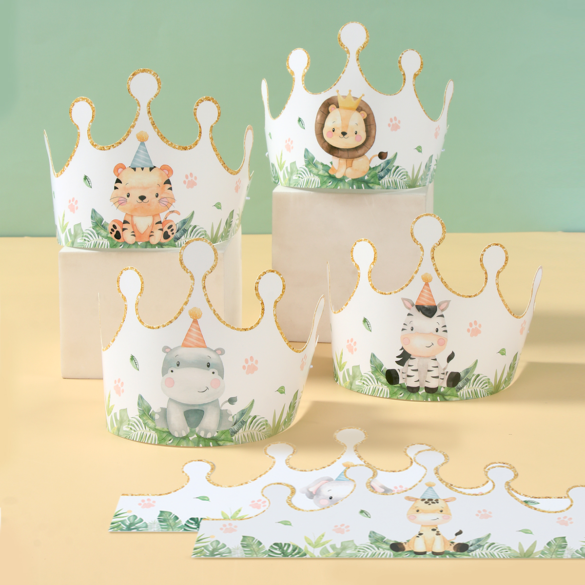 6pcs Cartoon Jungle Animal Party Paper Caps Crown Party Hats For Kids Wild One Birthday Party Woodland Baby Shower Supplies