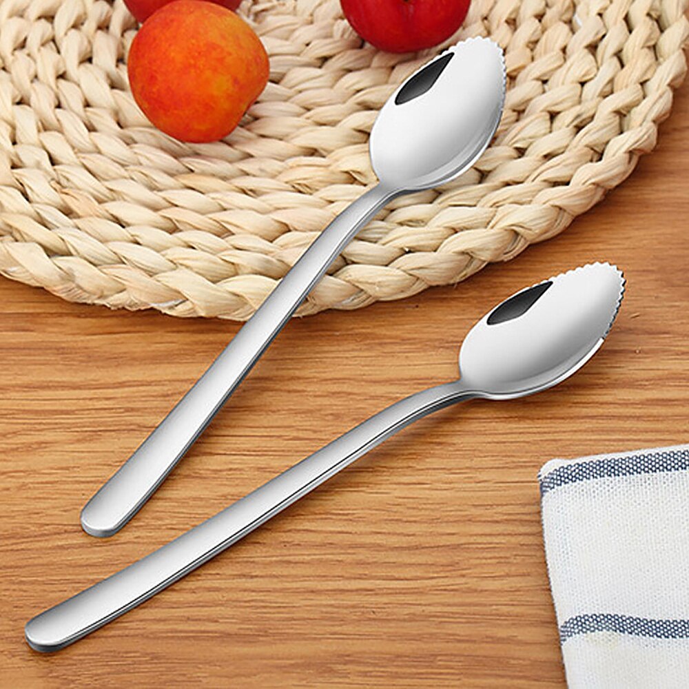 Spegel polering efterrätt skedar slät rostfritt stål grapefrukt sked räfflad kant skuren frukt kök gadget matlagning verktyg