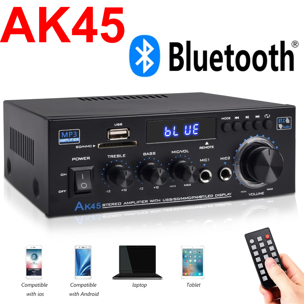 Power Amplifier AK45 Bluetooth Amplifier Sound Channel 2.0 Digital Audio Amplifier USB SD MIC RCA Input Support 90-240V Input EU