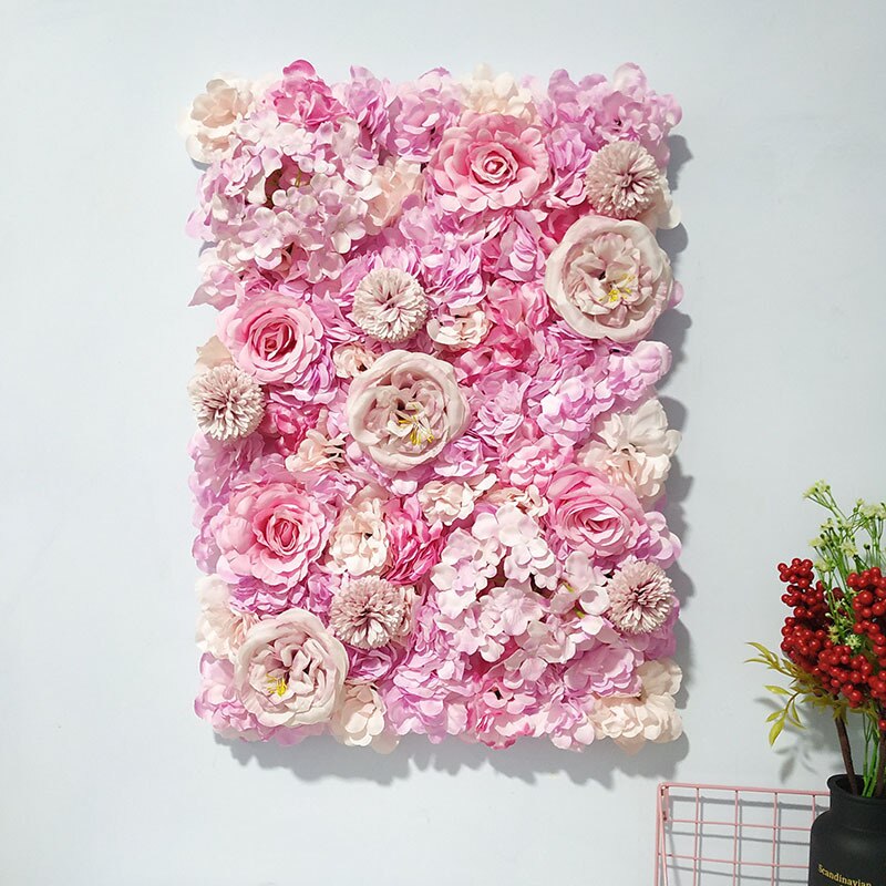 Kunstige blomster væg blomster række panel bryllup forsyninger rose pæon hortensia silke blomster bryllup baggrund dekoration: Slik lyserød