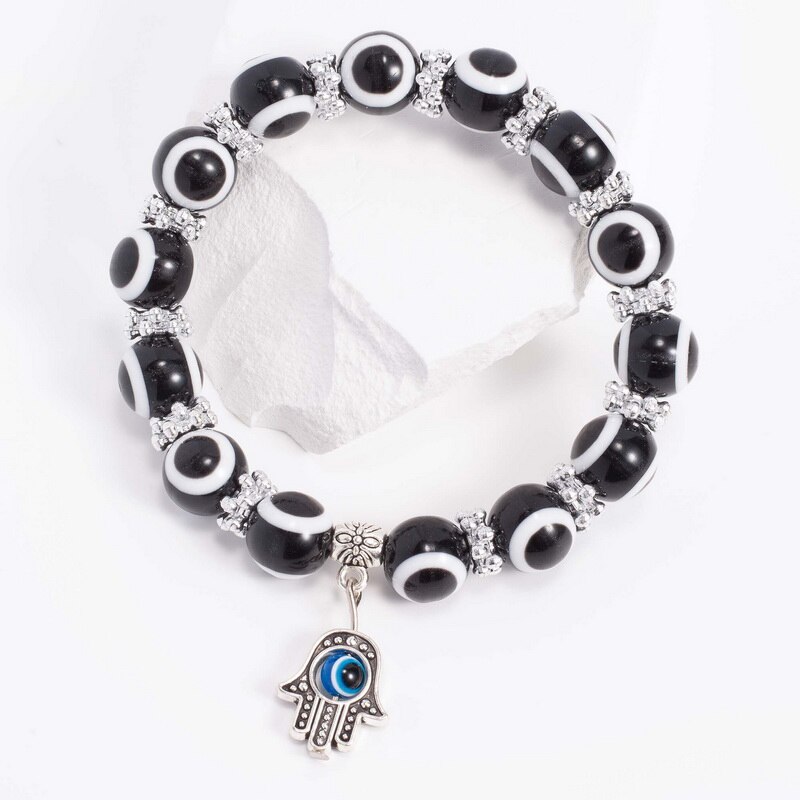 Niebieska bransoletka Evil Eye dla kobiet mężczyzn turecka dłoń wisiorek oczy koraliki Handmade szczęśliwa bransoletka elastyczna regulacja Charm bransoletka: Black Palm