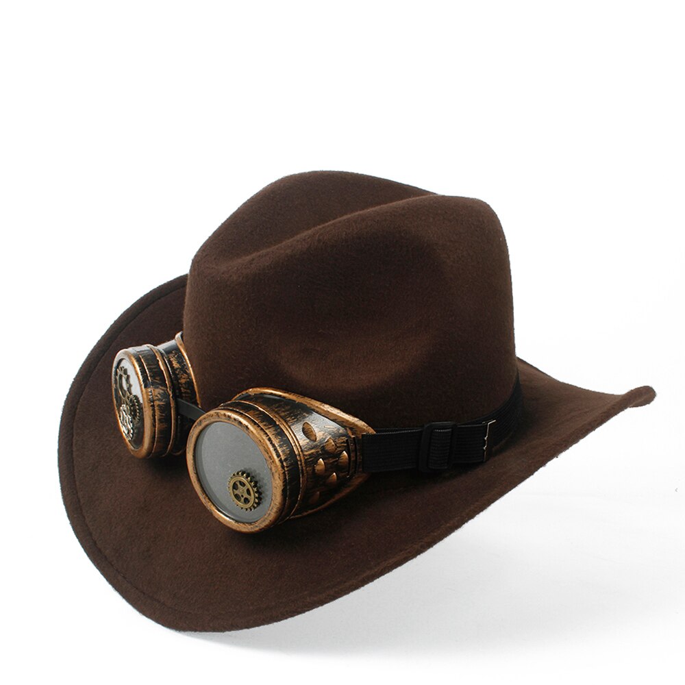 Sombrero de vaquero Steampunk para Hombre y mujer, Sombrero de lana con agujeros en el exterior, estilo occidental, Jazz, talla 56-58
