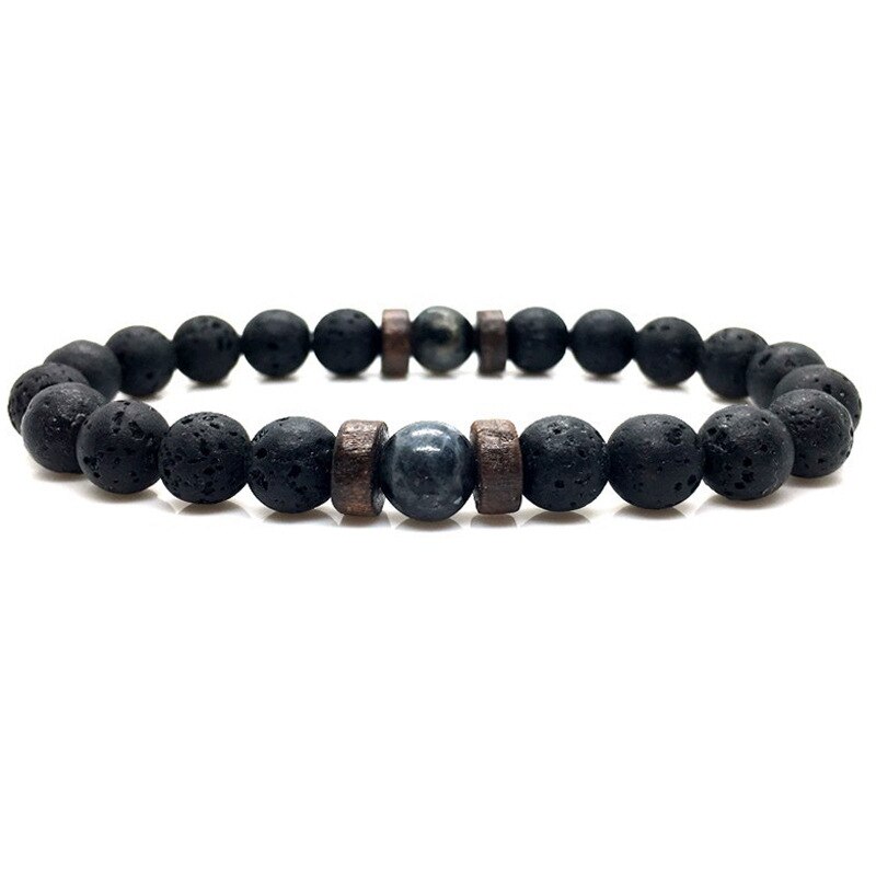 Pulsera de piedra volcánica para hombre, brazalete con cuentas negras, cuerda elástica, , joyería: A