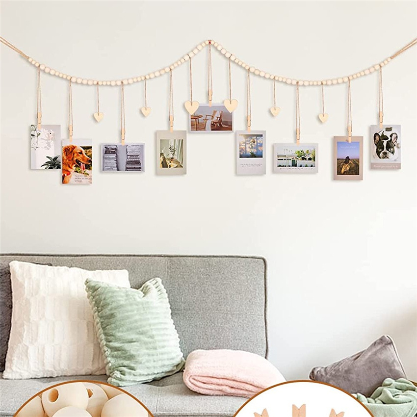 22 Clips para colgar fotos, guirnalda de cuentas de madera bohemia, colgante de pared para dormitorio, sala de estar, dormitorio, decoración de , para adolescentes y niñas