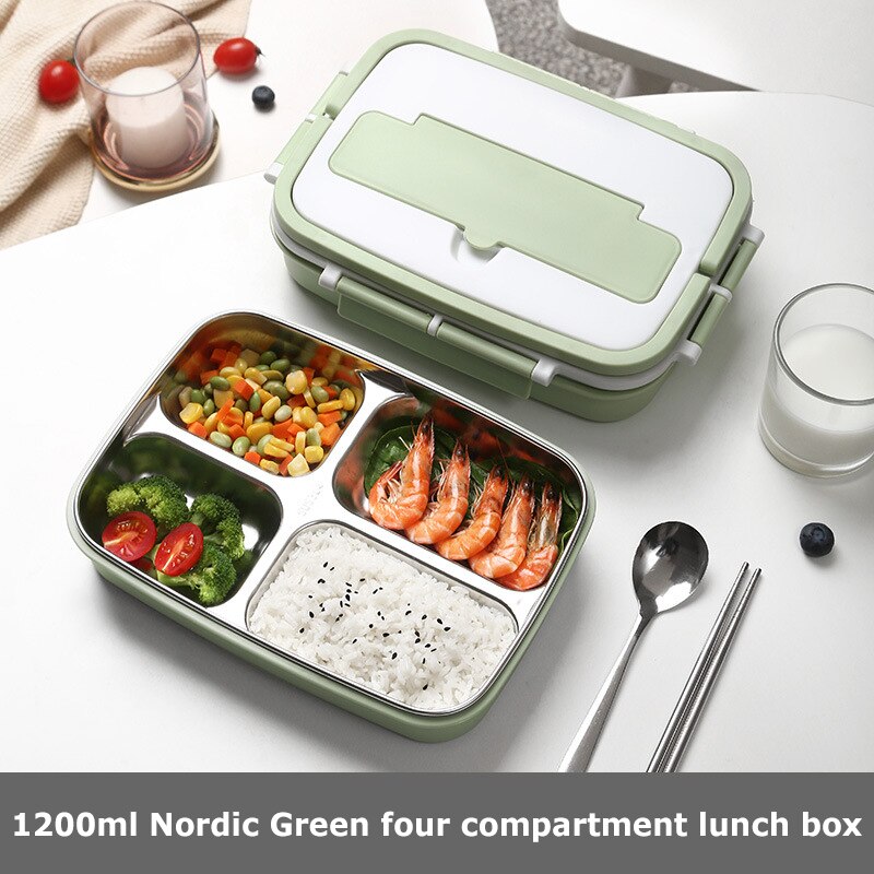 Draagbare Lunch Box Rvs Bento Box Met Servies 3/4 Compartiment Voedsel Container Lekvrije Lunchbox Voor School Office: 4 Grid Green