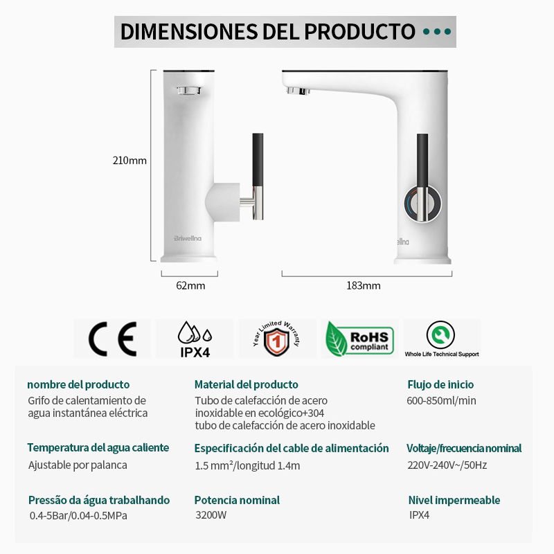 Briwellna calentador de agua eléctrico 220V grifo de cocina Geysers sin tanque grifo calentador grifo de calefacción calentadores instantáneos Robinet