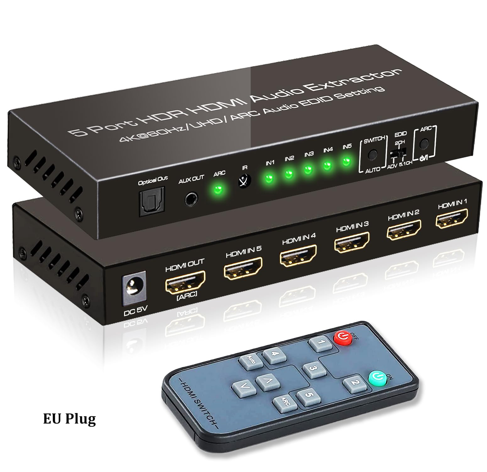 Extrator de áudio HDMI com controle remoto, 5 portas, 4K @ 60Hz, óptico, 3,5mm AUX, saída de áudio, HDMI 2.0: BRANCO