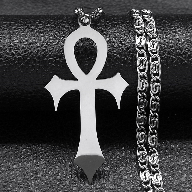 Collana croce Ankh egiziana donna/uomo acciaio inossidabile colore oro amuleto collane protezione gioielli colar masculino muslimah: Rosso-marrone