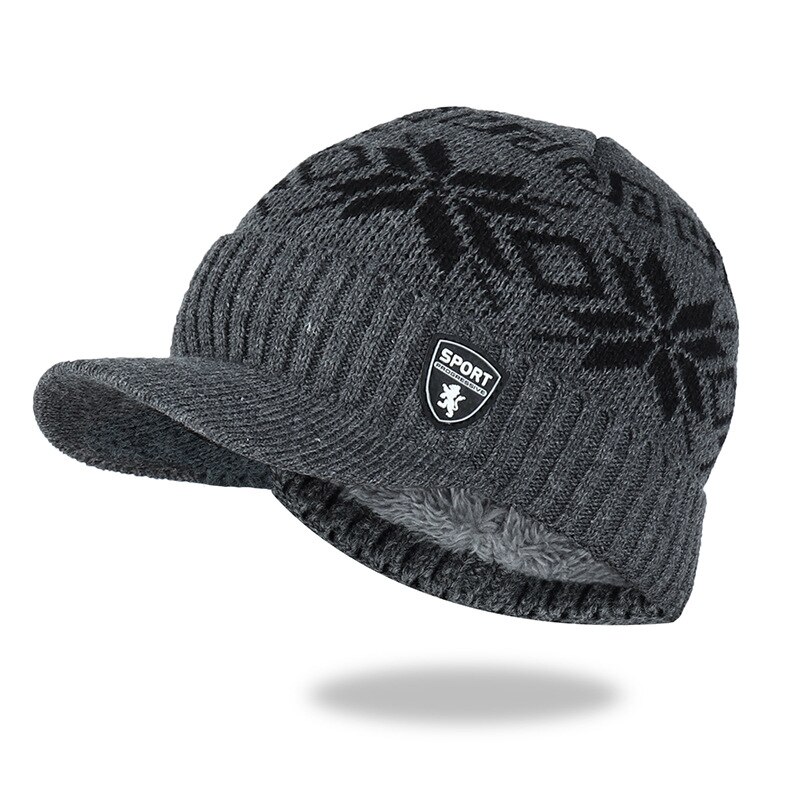 Plus fløjlsstrikket hue vinterhuer til mænd skullies beanies varm kasket mænd baseballkasket snesort printede ski peaked caps: Grå