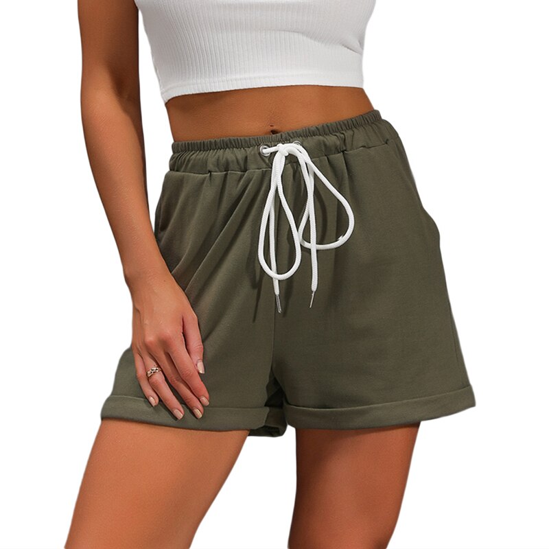 Army Green Casual Shorts Vrouwen Hoge Taille Trekkoord Effen Kleur Losse Rechte Shorts Streetwear Zomer Shorts: M