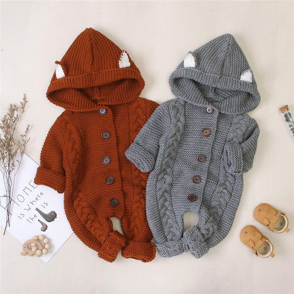 Focusnorm 0-24M Winter Baby Meisjes Jongens Rompertjes Knit Solid Hooded Lange Mouwen Single Breasted Warm Jumpsuits