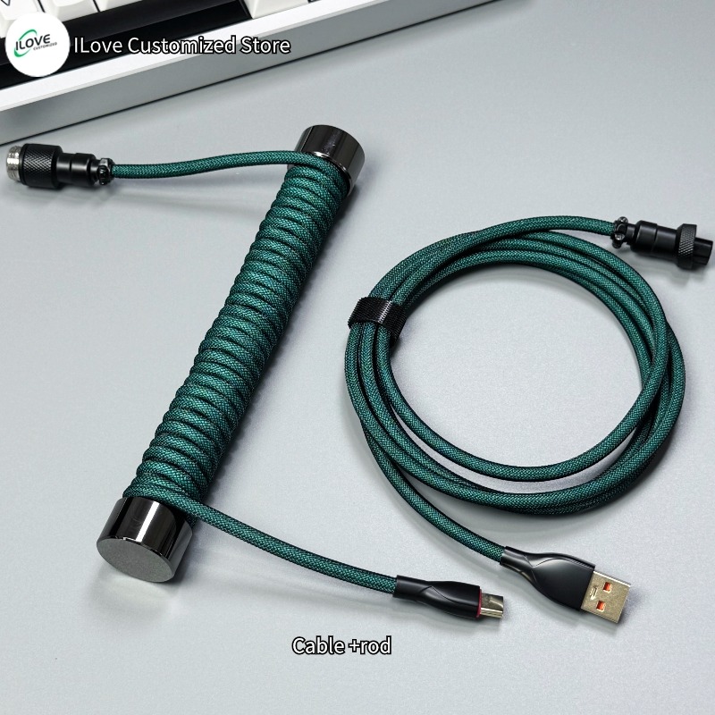 Coiled Keyboard Cable USB C + Protection Rod for Mechanical Gaming Keyboard Double-Sleeved Wire with Detachable Metal Aviator: army green