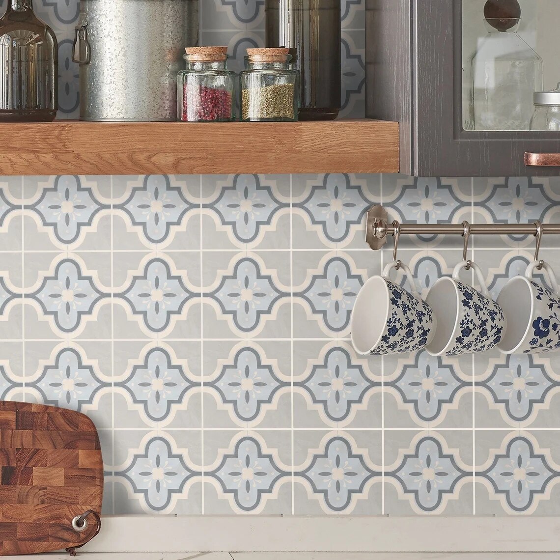 Havana Blue Tile Decals Traditional Kitchen Backsplash Floor Bathroom Decoration Peel And Stick floor tile 10pcs