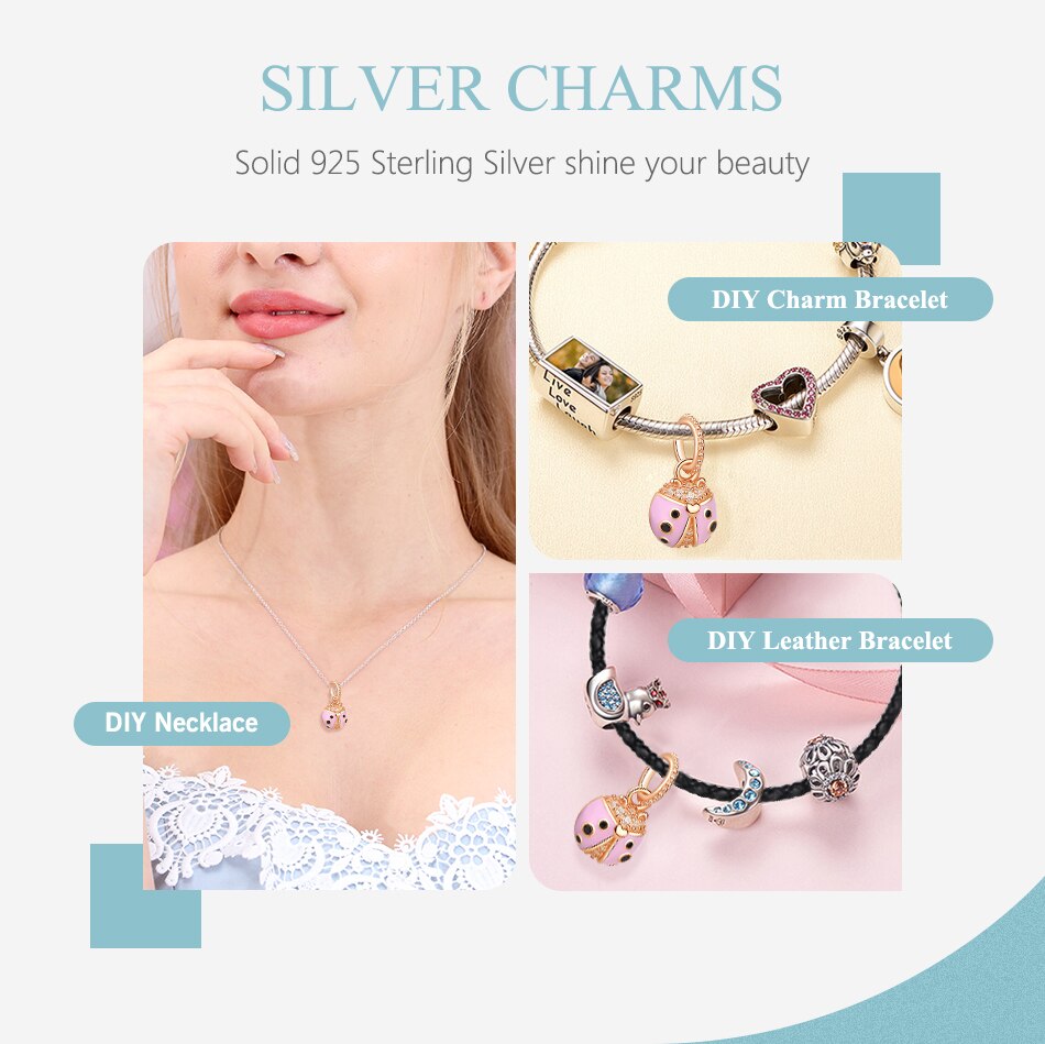 ELESHE 100% 925 Sterling Silver Bead Charm Rose Gold Pink Ladybird Charm Fit Original Bracelet Beads for jewelry making