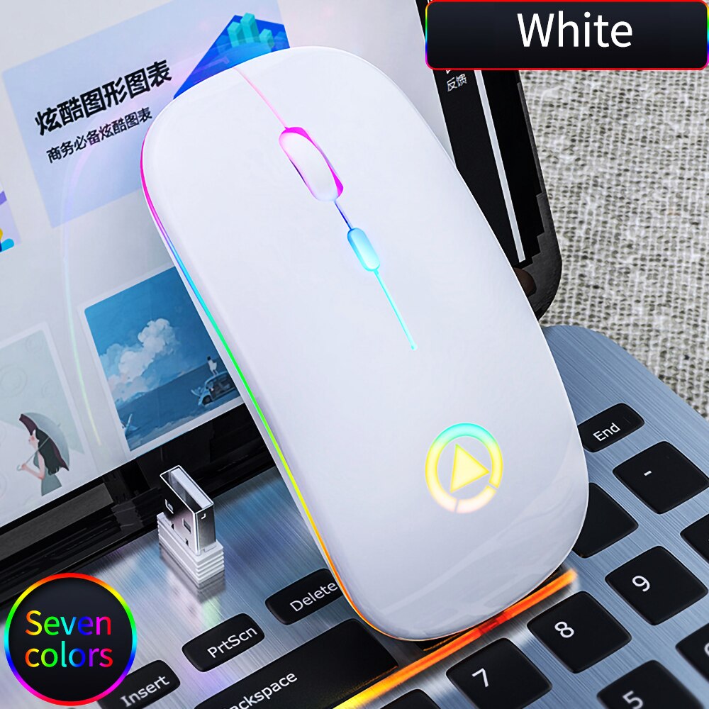 Ratón inalámbrico ultradelgado con luces LED de colores, ratón óptico ergonómico para juegos, recargable, silencioso, USB, para PC y portátil: White