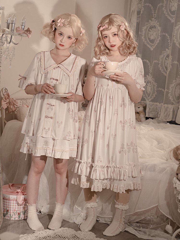 Kawaii śliczne Lolita bielizna nocna koszula nocna Lolita zestaw koszula szorty gwiazda księżyc piżamy sukienki zestaw z krótkim rękawem słodkie ubrania domowe