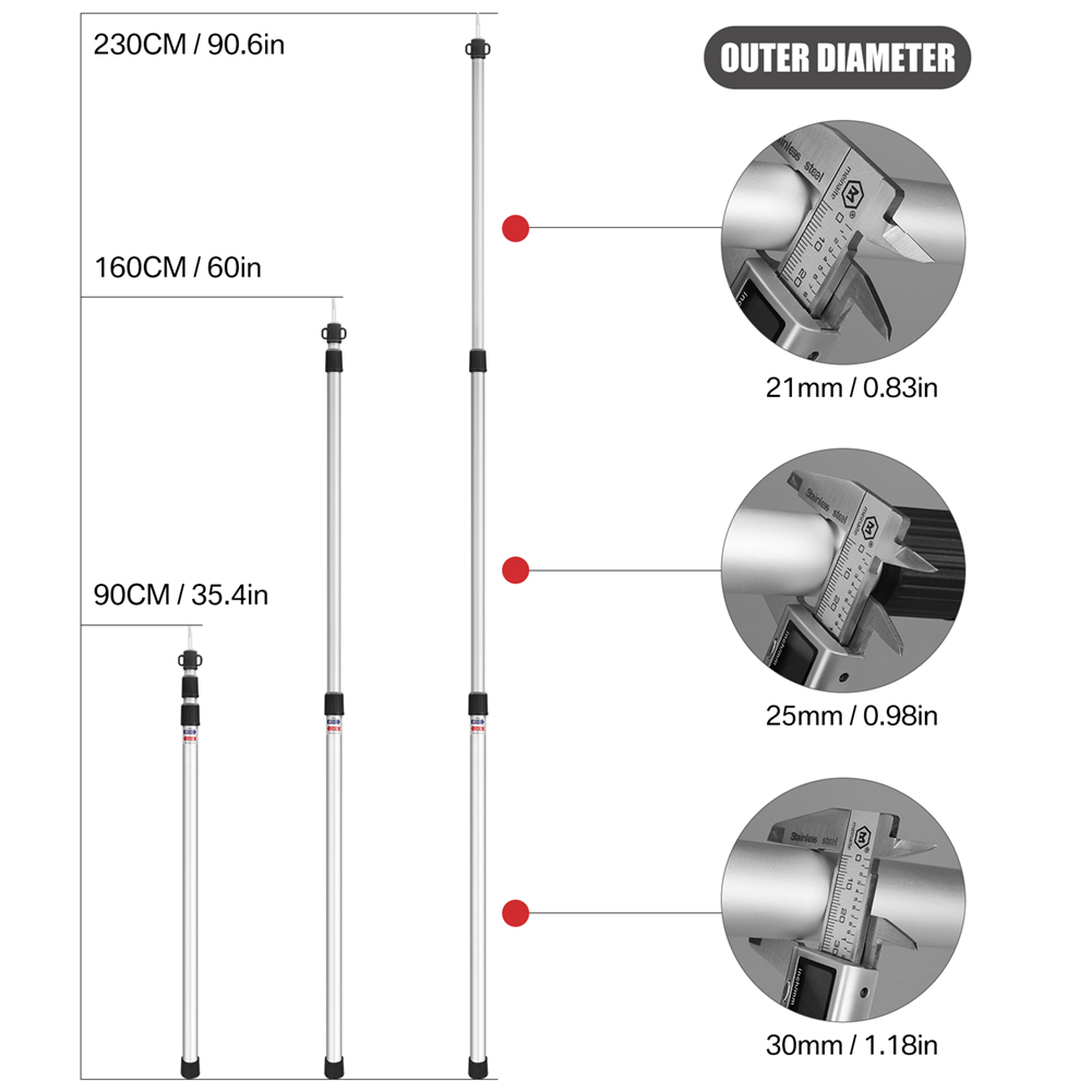 Set med  of 2 presenningsstänger, teleskopiska campingtält, ersättningsstänger i aluminium med 3- sektioner för regnskydd, markis och tak.