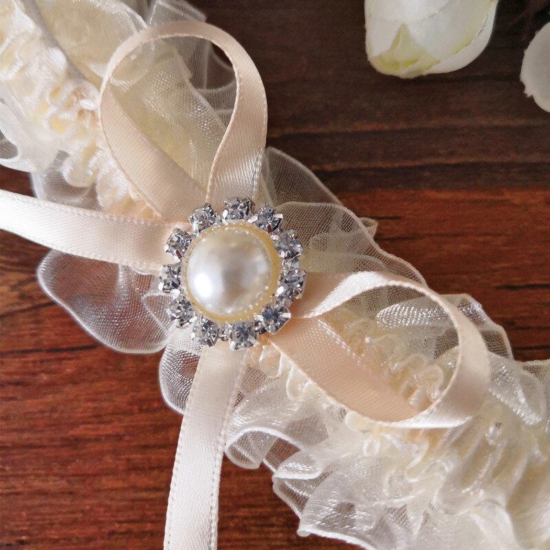 Wedding Vintage Garter Ivory Ribbon Bow with Pearls Bridal Lace Toss garter