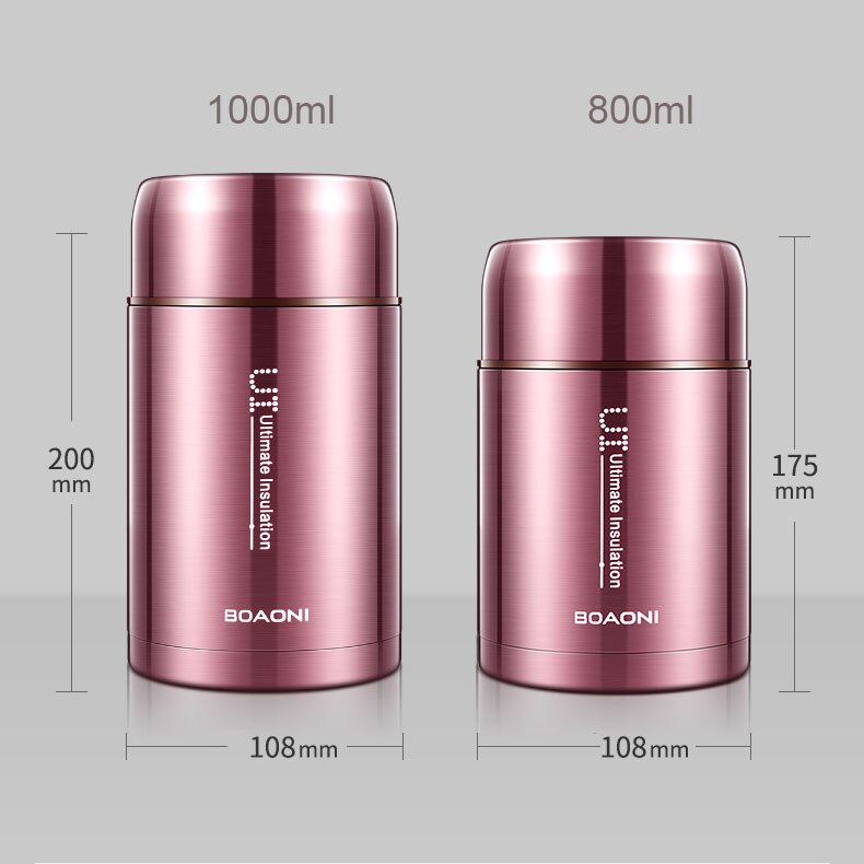 BOAONI 800ml Food Thermal Jar Vacuum Insulated Soup Thermos Containers 18/8 Stainless Steel Lunch Box with Portable Bag