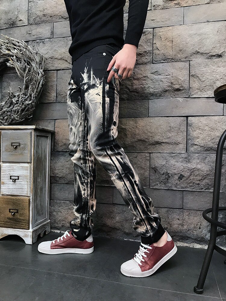 Wolf Men's Casual Print Jeans Male 3D Pattern Coloured drawing Paiting Pants Slim Stretch Cotton Denim Trousers
