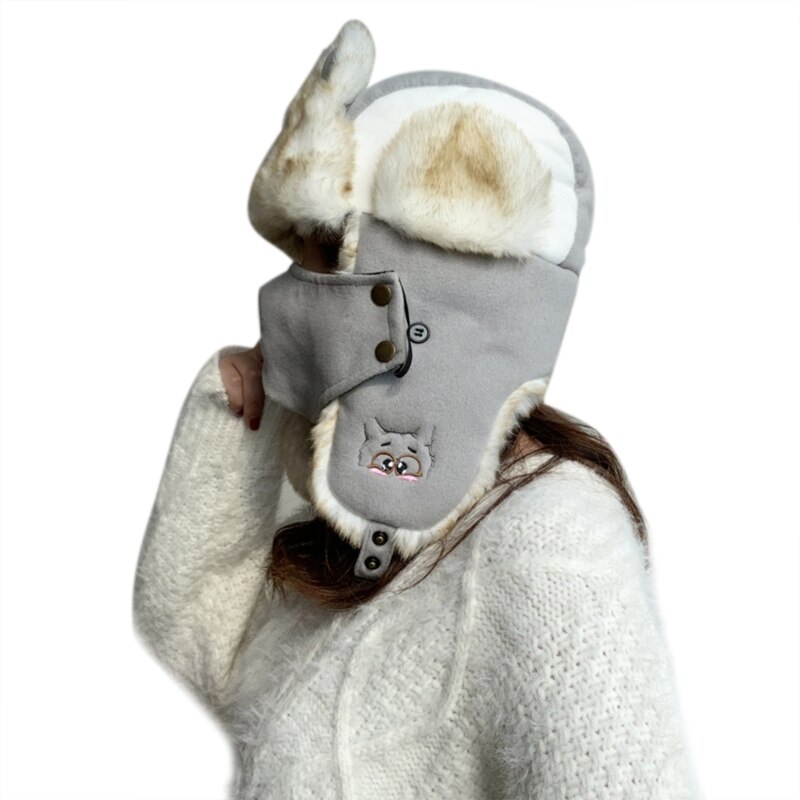 Damska czapka zimowa z pluszową wyściółką ciepła czapka traperska z maską kocie uszy nauszniki Y1QD: biały