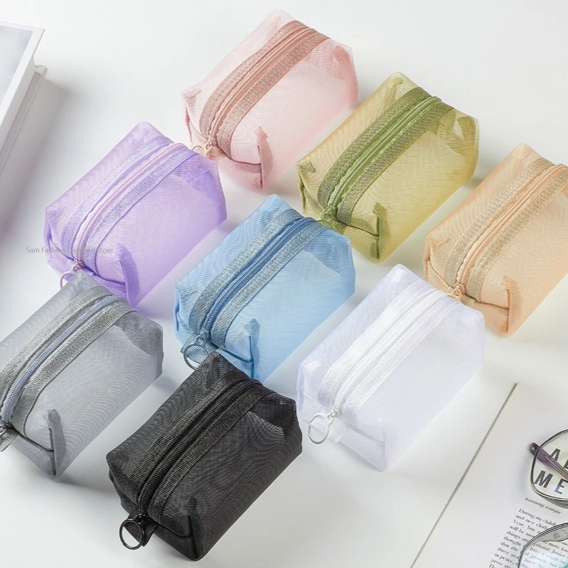 Multipurpose Breathable Square Mesh Storage Pouch Lightweight Mini Wash Bag Mini Zipper Coin Purse Large Capacity Coin Purse