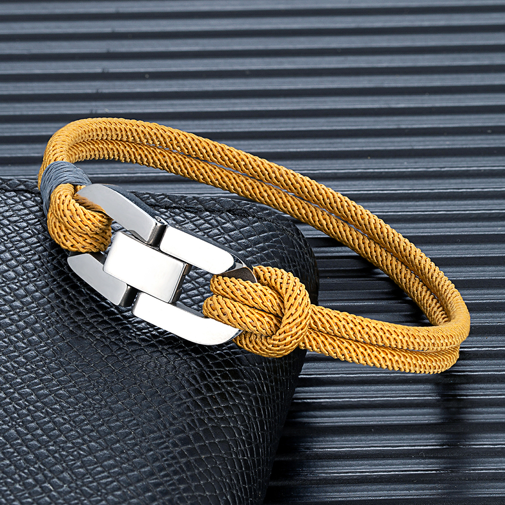 MKENDN Double Strand Braided Rope Bracelet Stainless Steel Cuban U-buckle Bracelets for Men Women Couple Jewelry
