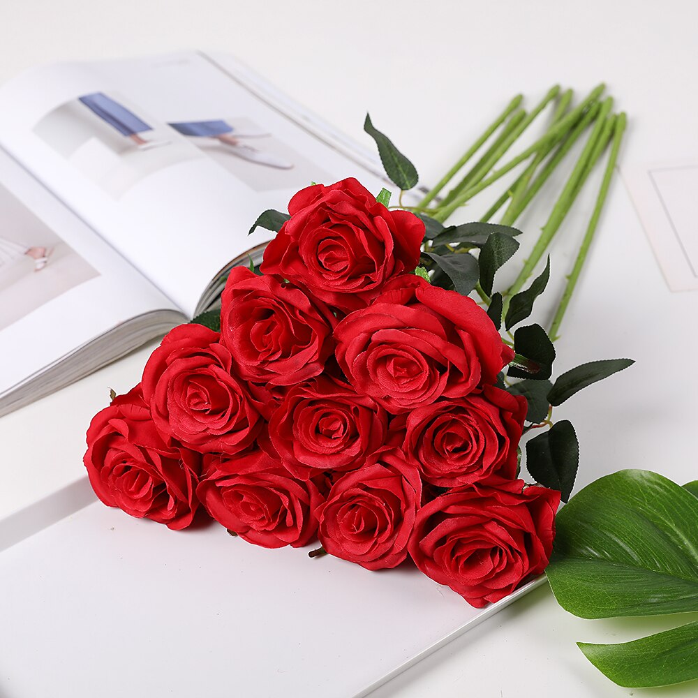 10 pc/ set 50 cm champagne ros blommor bunt röda rosor konstgjord blombukett bröllop bord dekor heminredning: Röd 3