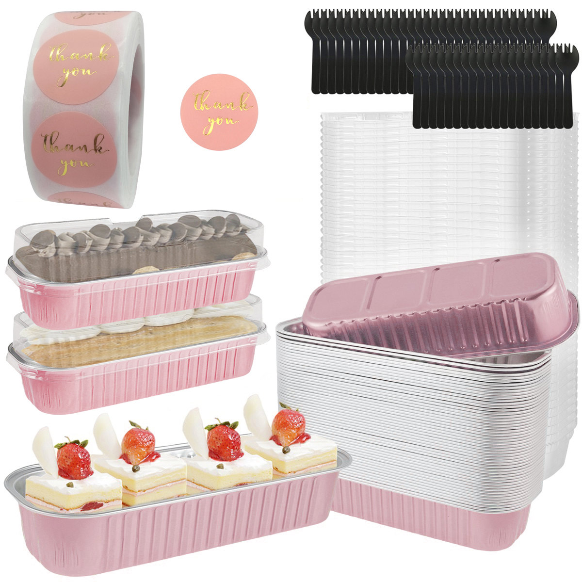 50 Stück Mini-Backformen mit Deckel und Löffel, 6,8 Unzen, rechteckige Backformen aus Aluminiumfolie, wiederverwendbare Mini-Brotbehälter, Muffin-Dosen