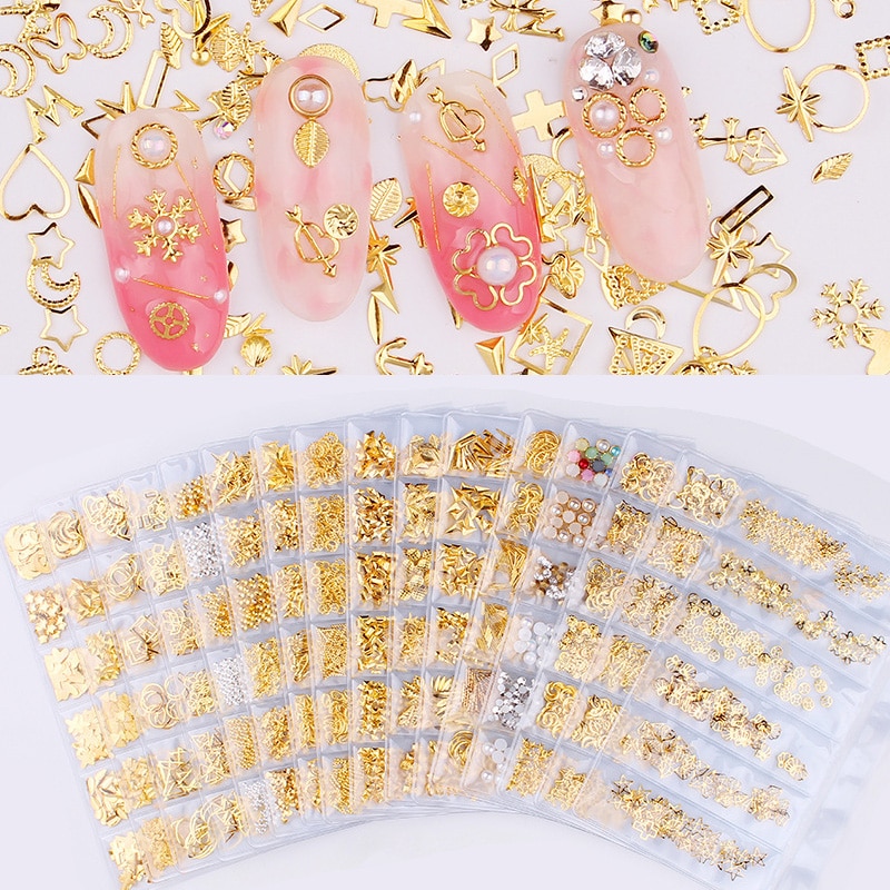 CHNRMJL 6 Entwürfe/Pack Ultra-dünne Hohl Legierung Nagel Niet Dekorationen Schmuck DIY UV Gel NäGel Kunst Polnischen zubehör Manikübetreffend