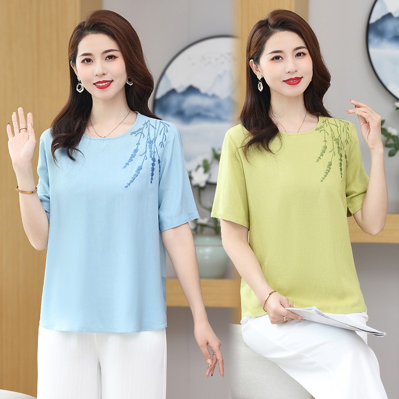 Women's Summer Style Retro Solid Color Round Neck Embroidered Cotton Hemp Button Short Sleeve Loose T-shirt Top