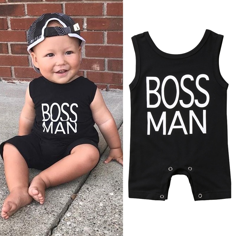 Pelele sin mangas con estampado de Boss Man para recién nacidos, mono negro, ropa, atuendo, 0 a 24 meses