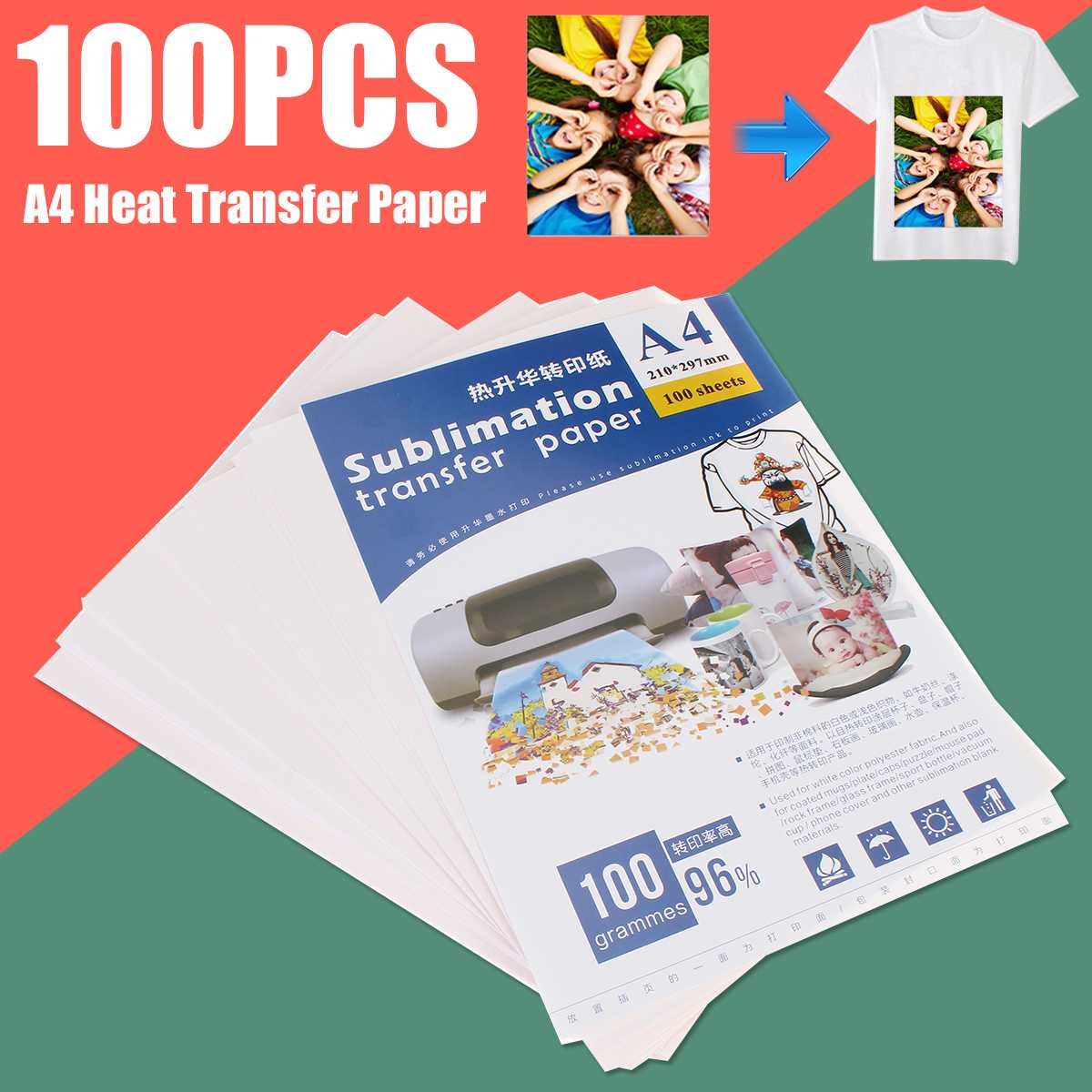 100 Sheets A4 Sublimation Paper Heat Transfer Paper for EPSON HP for CANON Inkjet Printer In Light Color Shirts Hat Cap Mug Cup