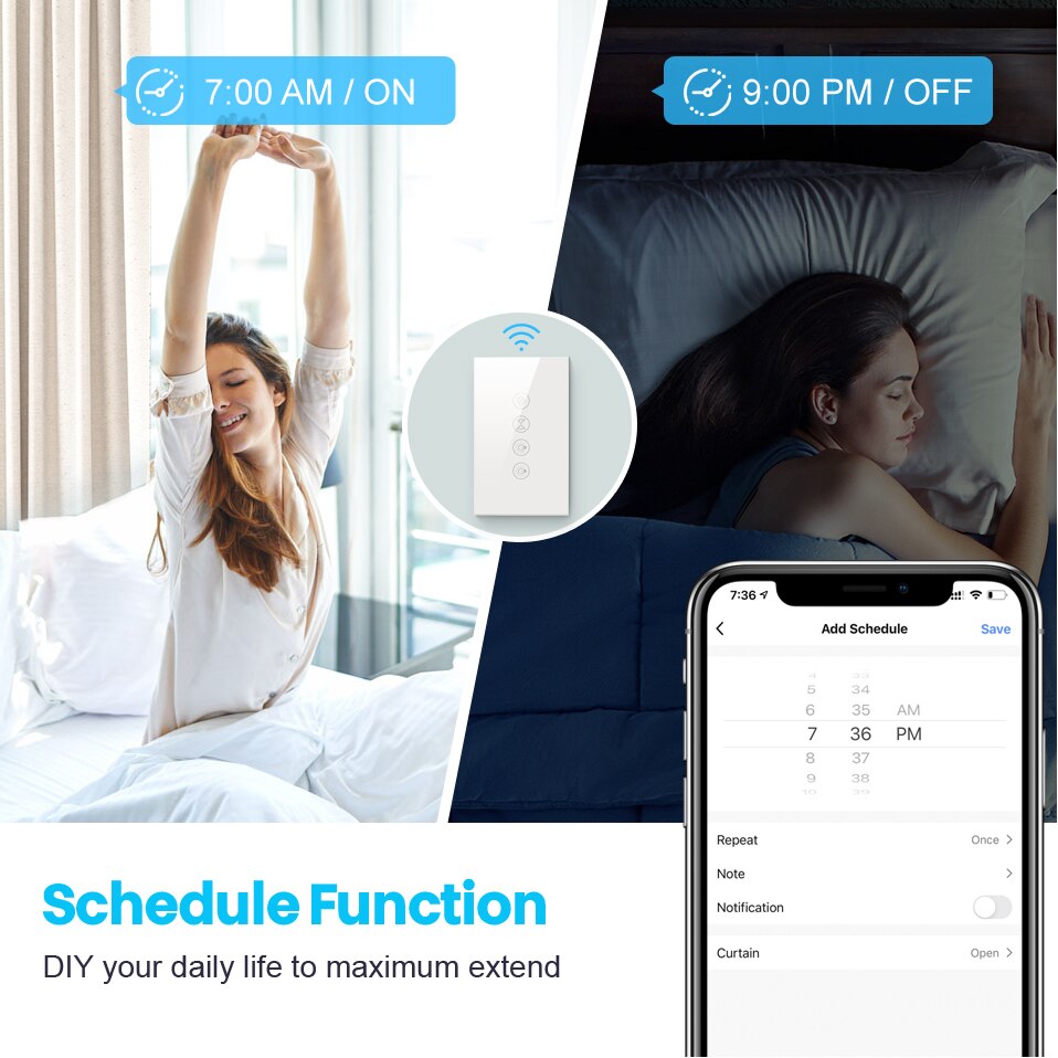 AVATTO Tuya WiFi Dual Curtain Light Switch for Electric Motor Roller Shutter/Blinds,Smart Home Switch Work for Alexa,Google Home