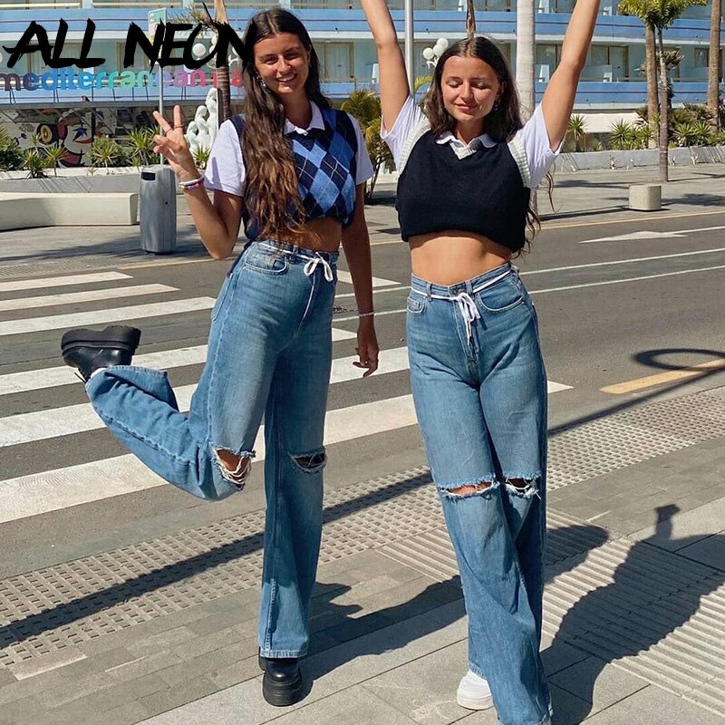 ALLNeon Y2K High Waist Ripped Jeans Vintage E-girl Aesthetics Hole Wide-leg Baggy Pants 90s Streetwear Denim Trousers