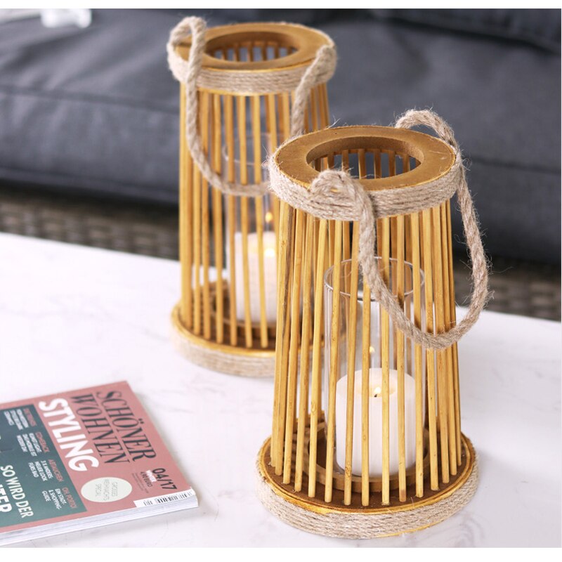 European Indoor And Outdoor Decor Natural Willow Wicker Hanging Wooden Candle Lantern With Hemp Rope Handle And Glass Cup Inside